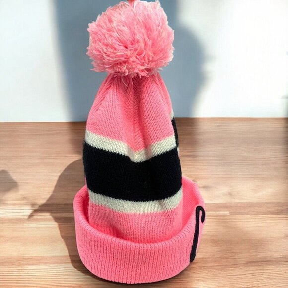Cali Pink Pom Beanie With Black & White Stripes - Picture 3 of 3
